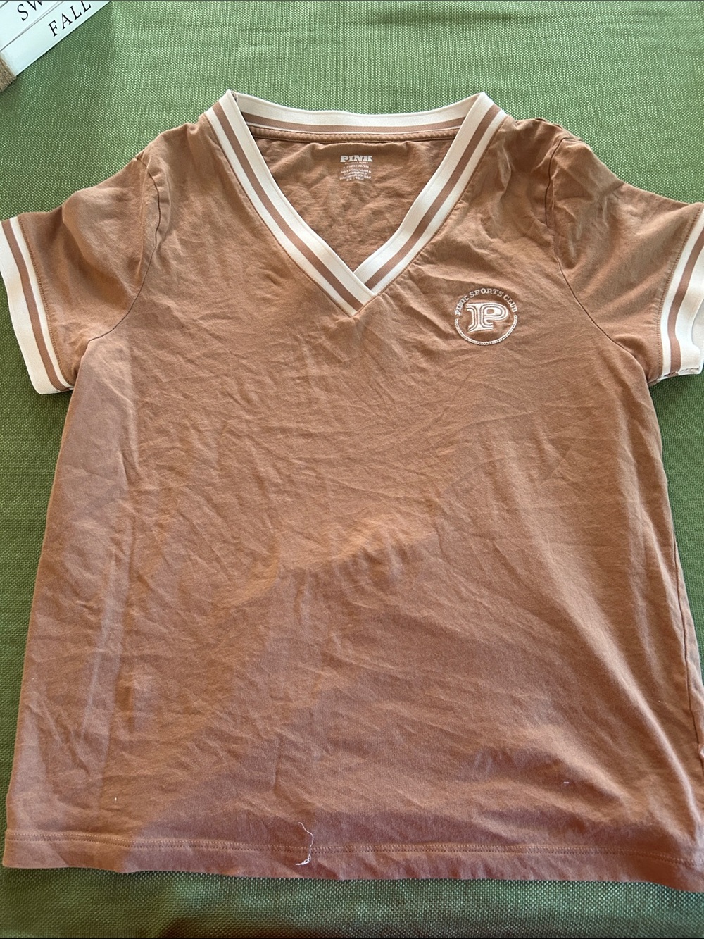 PINK Victoria's Secret Rust/Tan V‑Neck Sport Stripe Tee 100 cotton